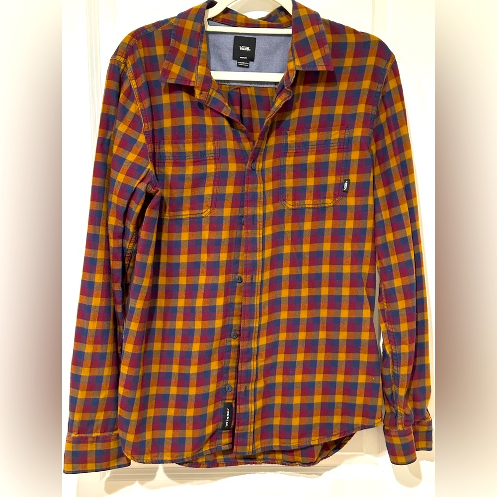 Vans Men’s Tailored Fit Flannel Shirt – Size Medium | Yellow Burgundy Navy Plaid